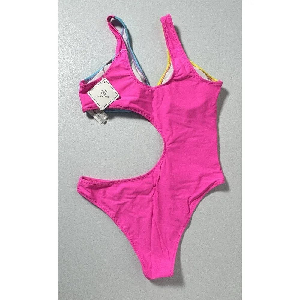Kamoni‎ One Piece Swimsuit Colorblock Cutout Neon Dopamine Swimwear L NWT